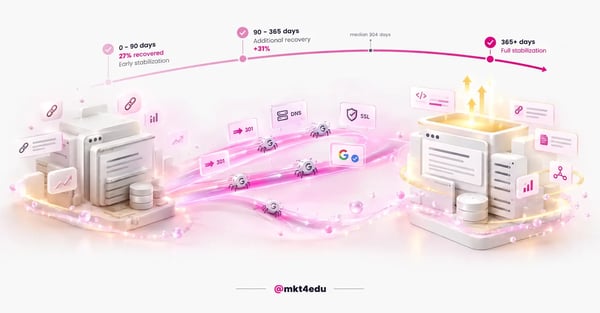 Domain migration recovery stages from the old site to the new one, with 301 redirects, DNS and SSL
