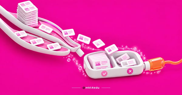 Migrar blog do WordPress para HubSpot em cena 3D: esteira leva cards de conteúdo a uma bandeja que separa o que entra