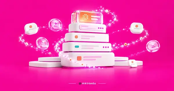 Ilustração 3D de blocos empilhados com fichas em órbita em fundo rosa, representando o que é CRM HubSpot.