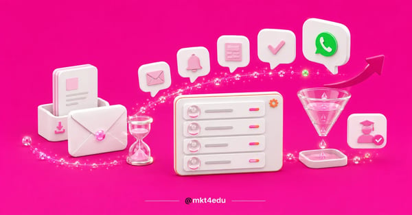 Ilustração 3D explicando o que é régua de comunicação com fluxo de e-mail, CRM e funil de conversão.