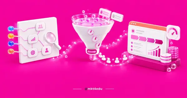 Sales funnel optimization 3D scene with a node map, a funnel with tuning dials and a conversion rate panel