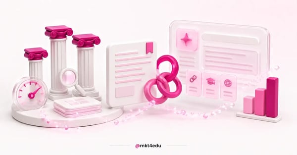 Otimização de sites representada por pilares 3D, cartão de conteúdo, elos de links e painel de resposta gerada por IA