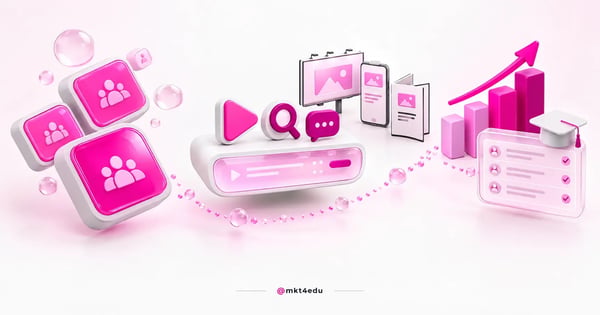 Outbound marketing 3D scene with platform tiles, media console and ascending bars