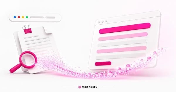A document under a magnifying glass dissolving into pink particles that regroup as a structured browser page.