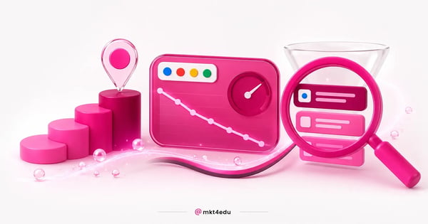 Google ranking position shown as a pink 3D podium with a highlighted step, a dashboard with a four-color badge and a magnifying glass over result cards