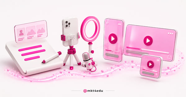 Set de gravação 3D com celular em tripé, luz, microfone e telas de vídeo curto e longo flutuando simbolizado a criação de uma produção de conteúdo audiovisual.