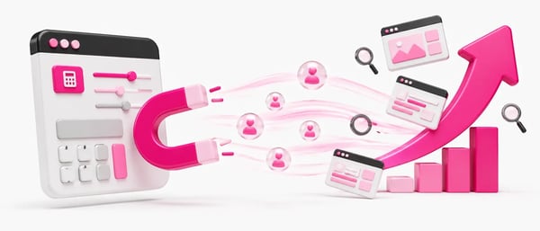 Web page icon featuring a calculator and a pink magnet drawing users toward a growth chart for product-led SEO.
