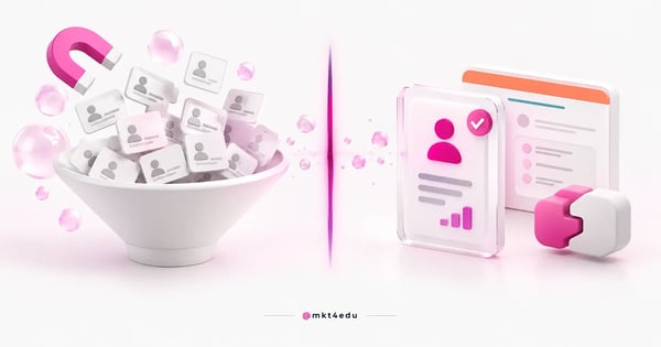 Prospect or lead on a 3D scale: scattered anonymous cards on one side, one qualified card with badge and score on the other