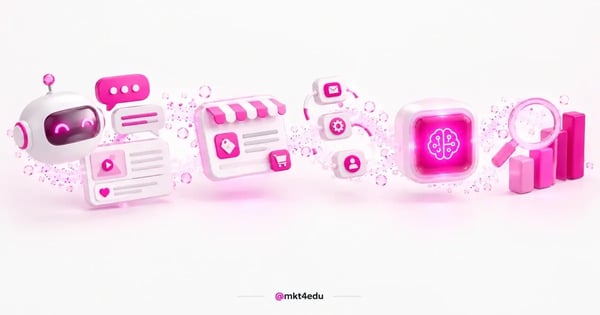Tendências do marketing digital em cena 3D com chatbot, bolhas de chat, card de social commerce, fluxo de automação e gráfico em alta