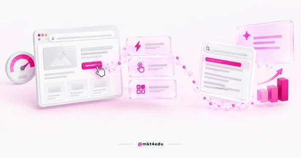 User experience in 3D: web page with a pink button click, speed gauge, three glass tiles, search and AI answer cards