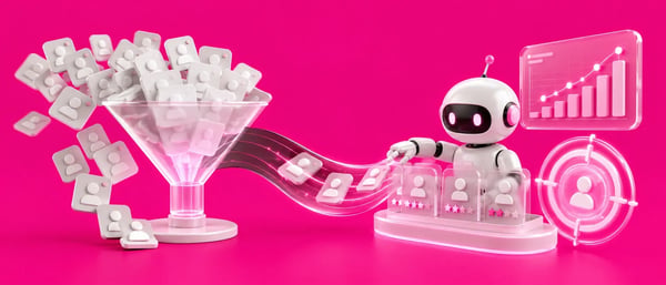 Robô de inteligência artificial filtrando contatos em um funil de vendas para qualificação de leads com IA.