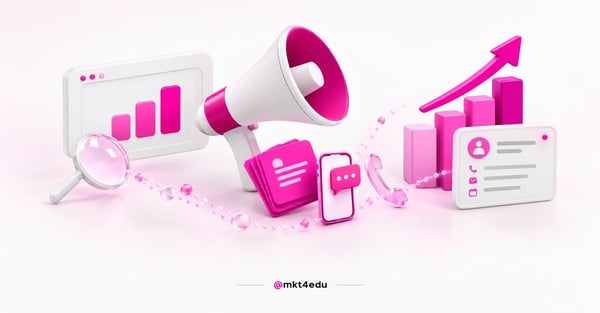Outbound marketing in a 3D scene with an indicator panel, megaphone, leaflets, phone and a rising bar chart