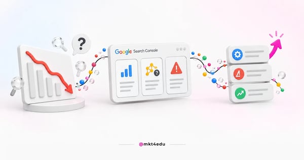 Queda de tráfego orgânico em 3D: curva em descida, painel do Search Console e cartões com causas possíveis