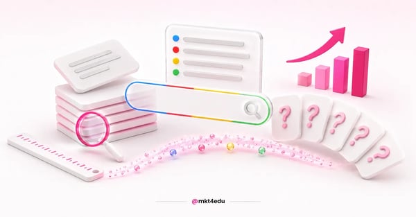 3D graphic of a search bar, ruler, and growth chart explaining ranking on Google with blog content.