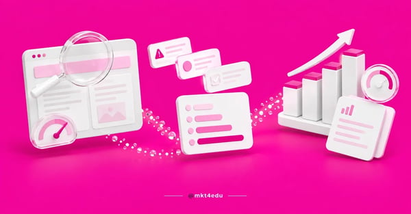 SEO analysis 3D scene: a magnifier over a website, cards of issues found and a rising bar chart of results