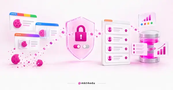 Remarketing without third-party cookies: cookies dissolving, a padlock shield and a CRM panel with consented contacts