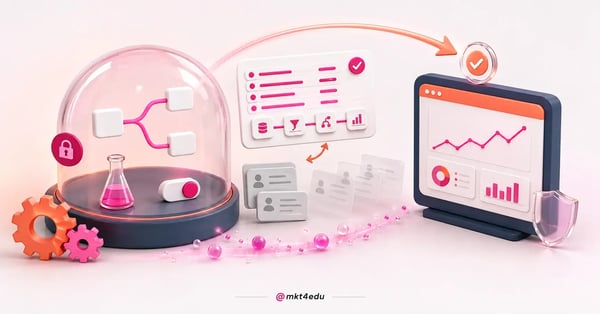 A glass dome sheltering a miniature workflow, next to a screen showing a results dashboard and an approval badge.