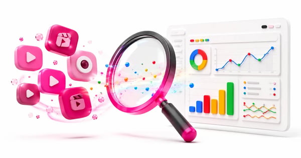 Ilustração 3D mostrando gráficos e ícones de plataformas no Search Console para redes sociais.