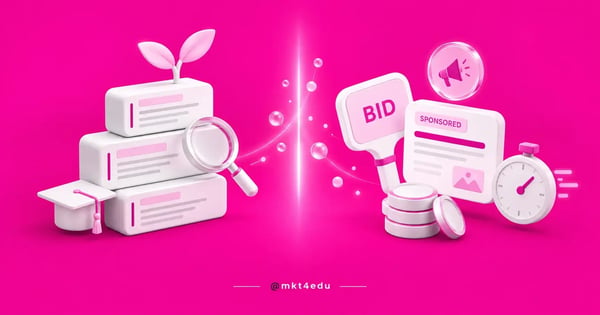 SEO and SEM side by side: stacked content with a magnifier and a sprout, and a bid paddle with a stopwatch