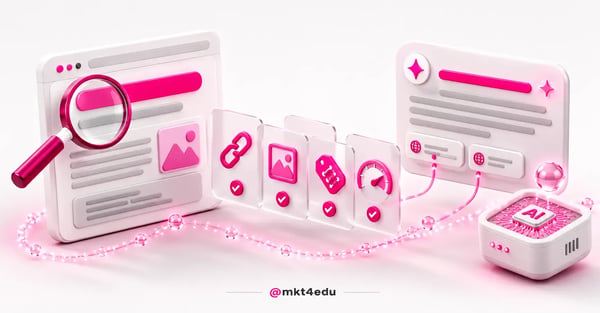 SEO On Page em cena 3D com página otimizada, tiles de checklist e cartão de resposta de IA citando a fonte