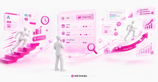 Decisor comparando SEO ou tráfego pago em um painel com prazo, verba e competição