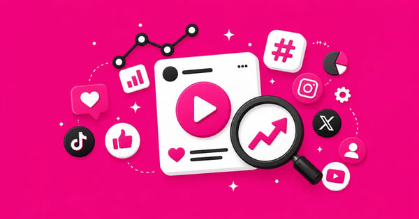 Ilustração 3D sobre SEO para redes sociais com lupa, gráficos de crescimento e ícones do TikTok, Instagram e YouTube.