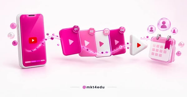 Shorts no YouTube em cena 3D: celular com o play e quatro episódios numerados em sequência até um calendário