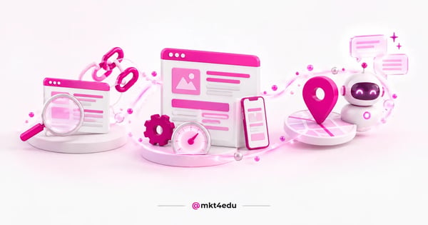 Página, elo de link, velocímetro, mapa e robô de IA lado a lado: os tipos de SEO em um só sistema