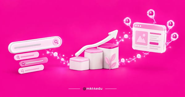 Organic traffic in a 3D scene with a search bar, rising pink steps and visitors arriving at a website card
