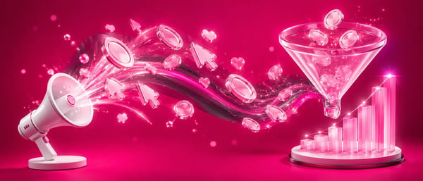 A pink megaphone sending clicks and coins into a conversion funnel, representing the flow of paid traffic.