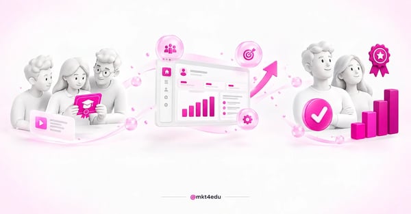 Treinamento de CRM em cena 3D: equipe aprendendo, painel com indicadores de uso e time usando o sistema no dia a dia