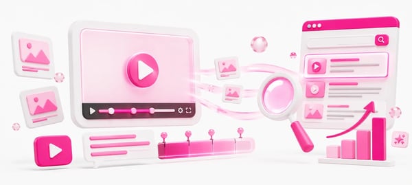 3D illustration featuring a video player, a magnifying glass, and a growth chart representing optimization and video SEO.