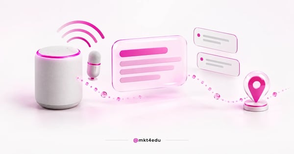 Voice search SEO shown as a 3D smart speaker, pink sound waves and a glass answer panel