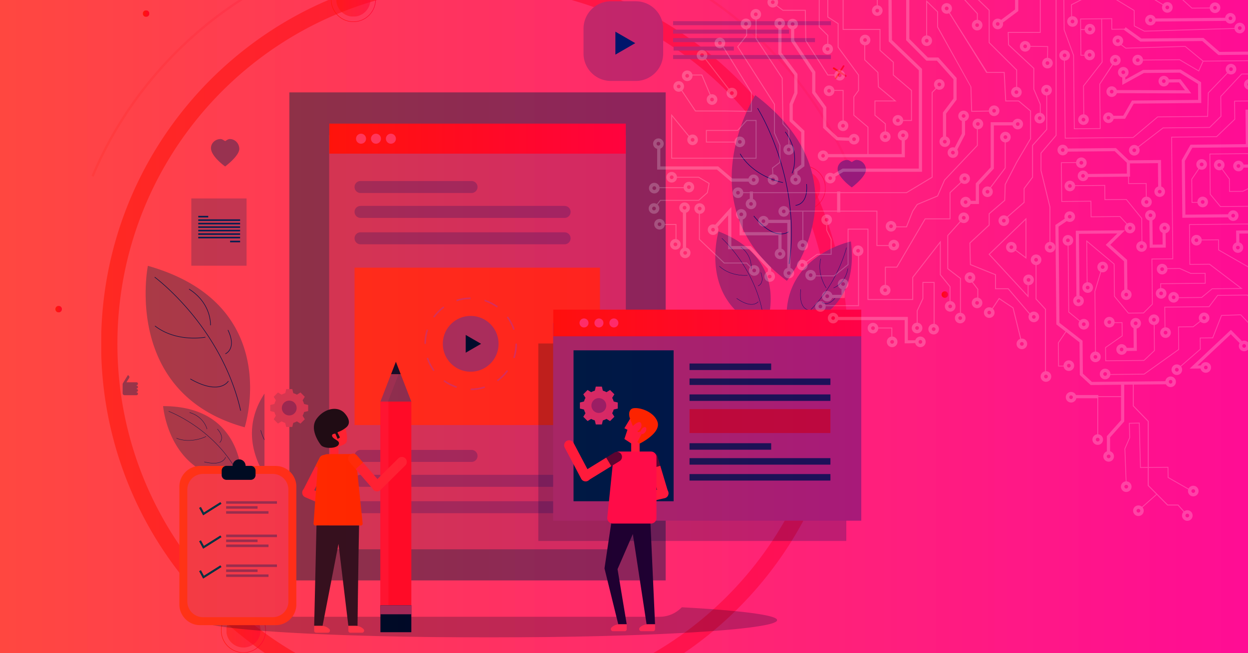 Illustration of two characters interacting with digital screens, symbolizing strategies and goals achieved with content marketing.