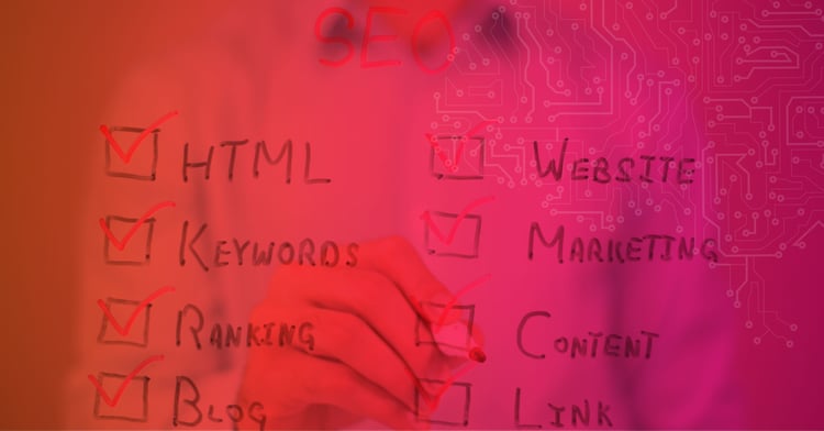 Person writes SEO checklist with items such as HTML, keywords, blog, marketing and content.