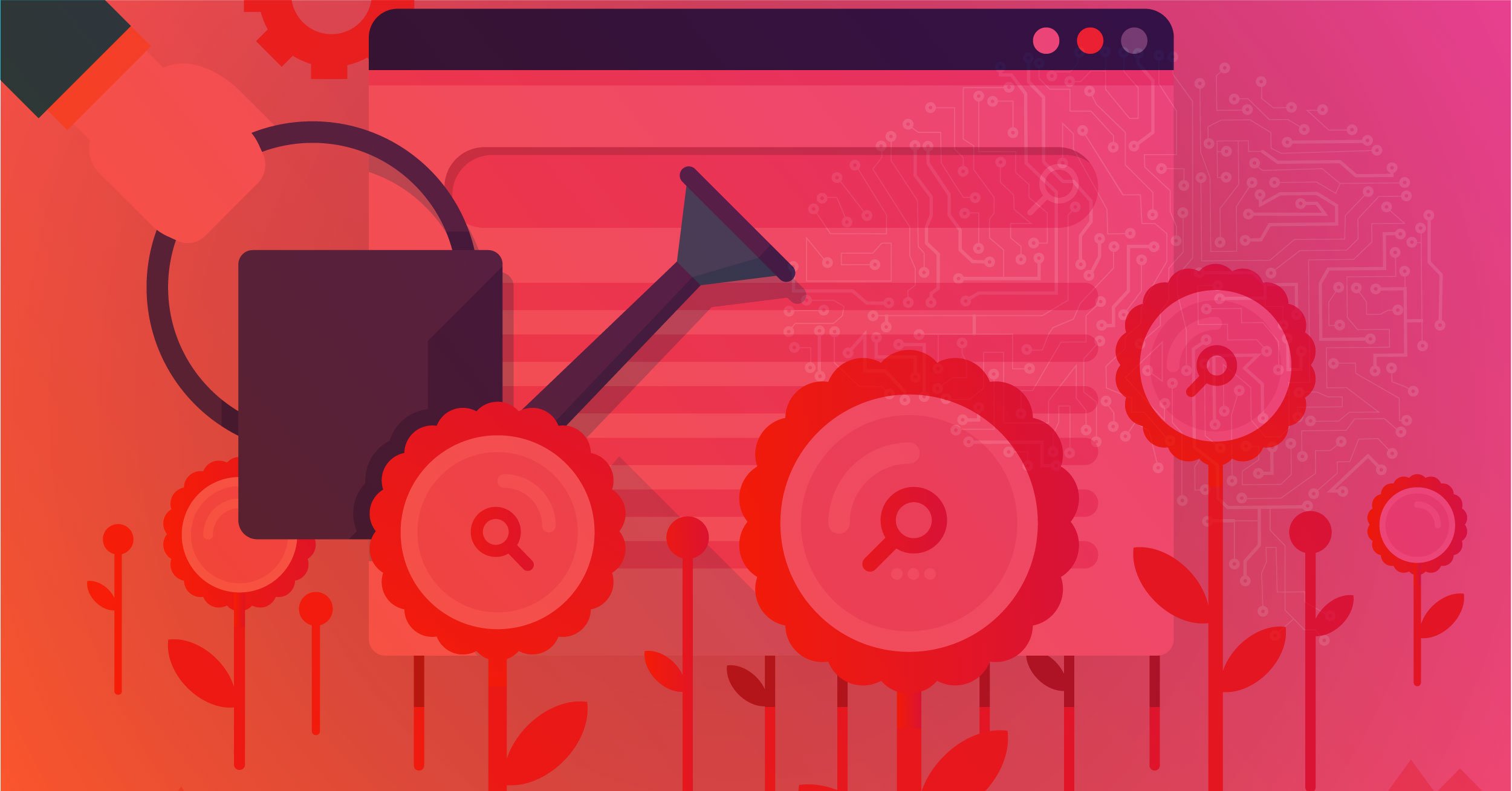 Illustration of a hand watering flowers with magnifying glass icons, symbolizing the cultivation of content to improve SEO and organic positioning.
