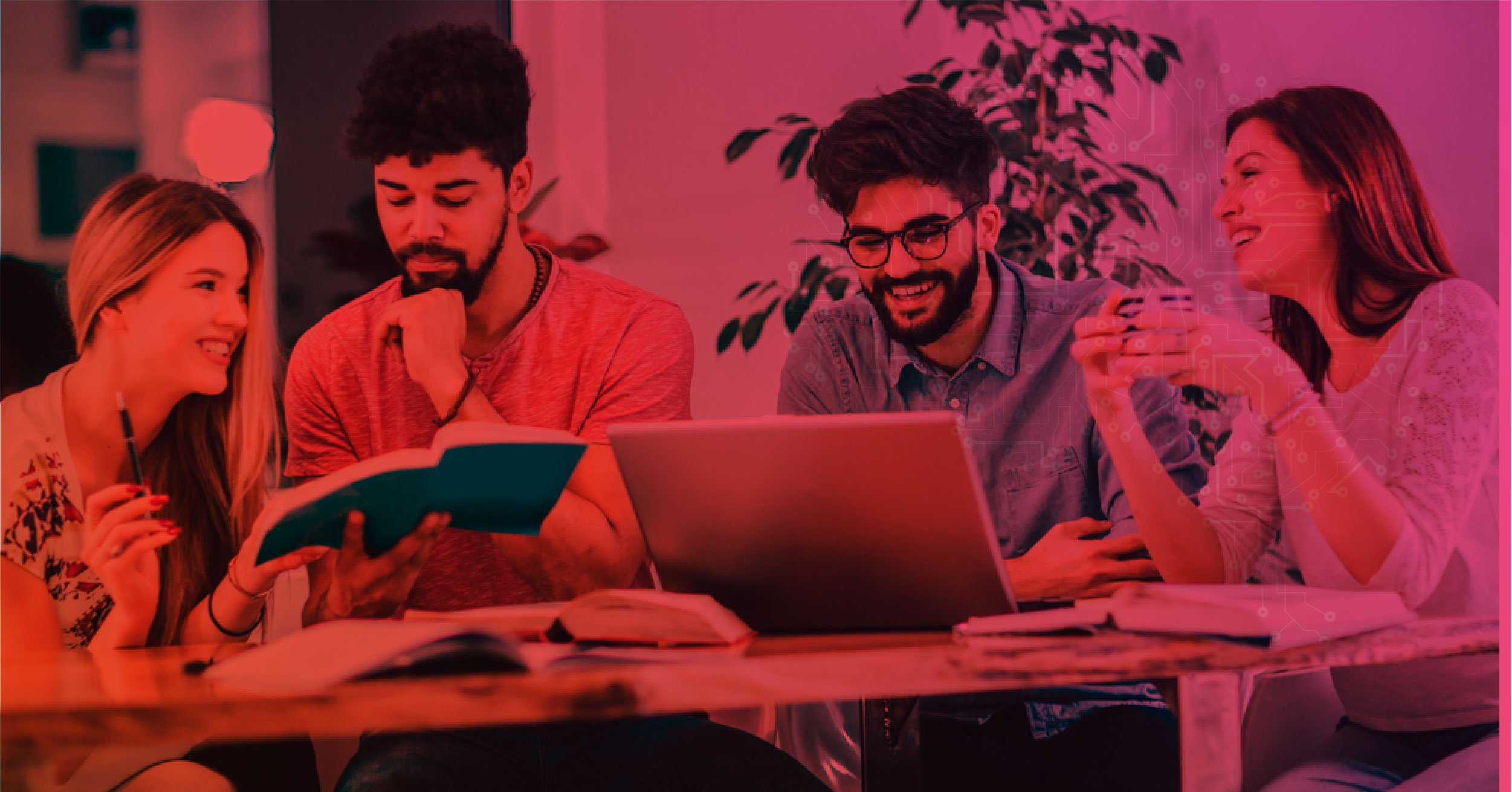 Grupo de estudantes universitários reunidos em ambiente de estudo, interagindo com livros e laptop, representando estratégias de retenção de alunos.