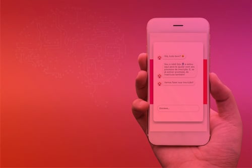 Hand holding cellphone with educational chatbot assisting student registration and enrollment.