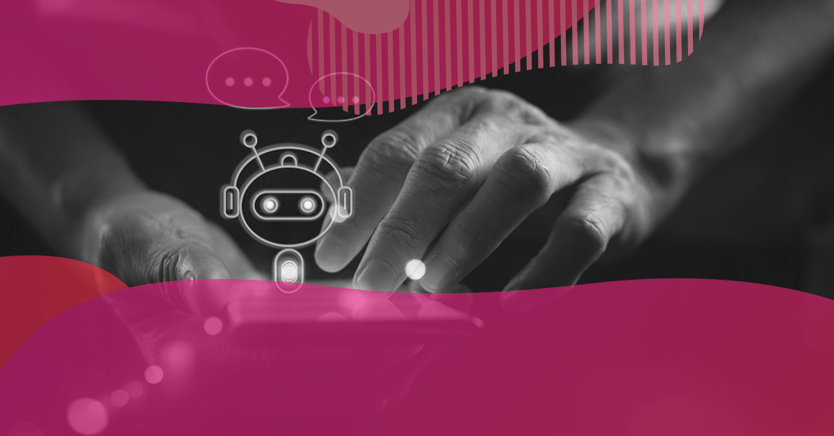 Ícone de chatbot inteligente sobre as mãos de uma pessoa usando um tablet, simbolizando o uso de inteligência artificial para otimizar conversas automáticas.