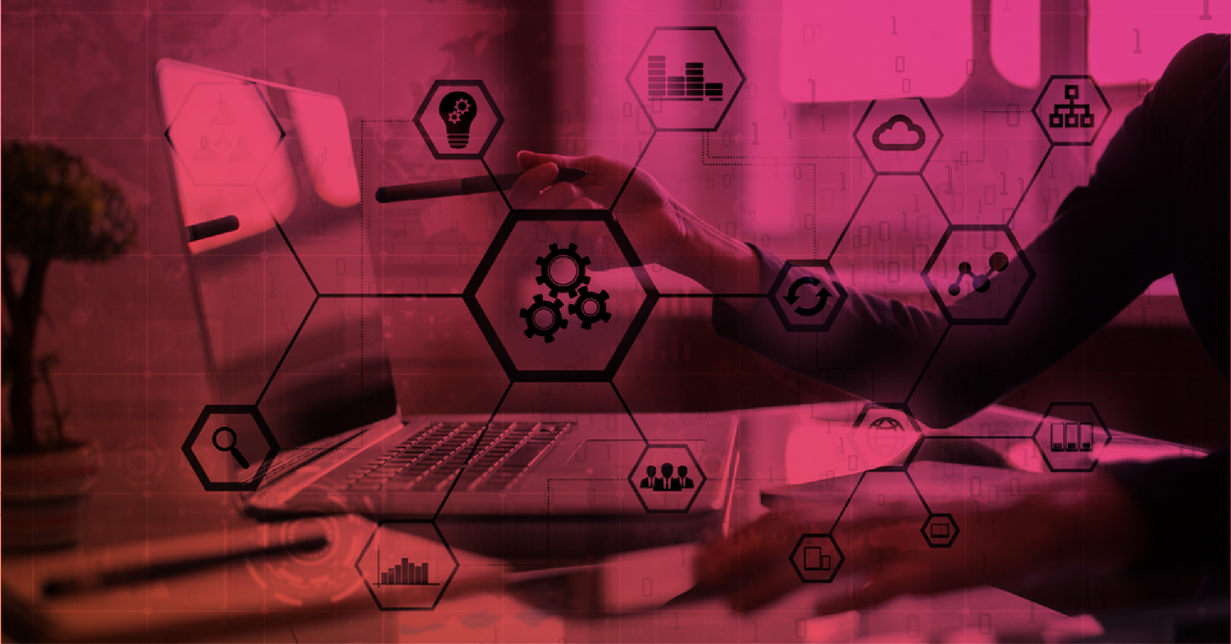 Person using laptop with automation and technology icons overlaid, representing marketing automation in educational institutions.