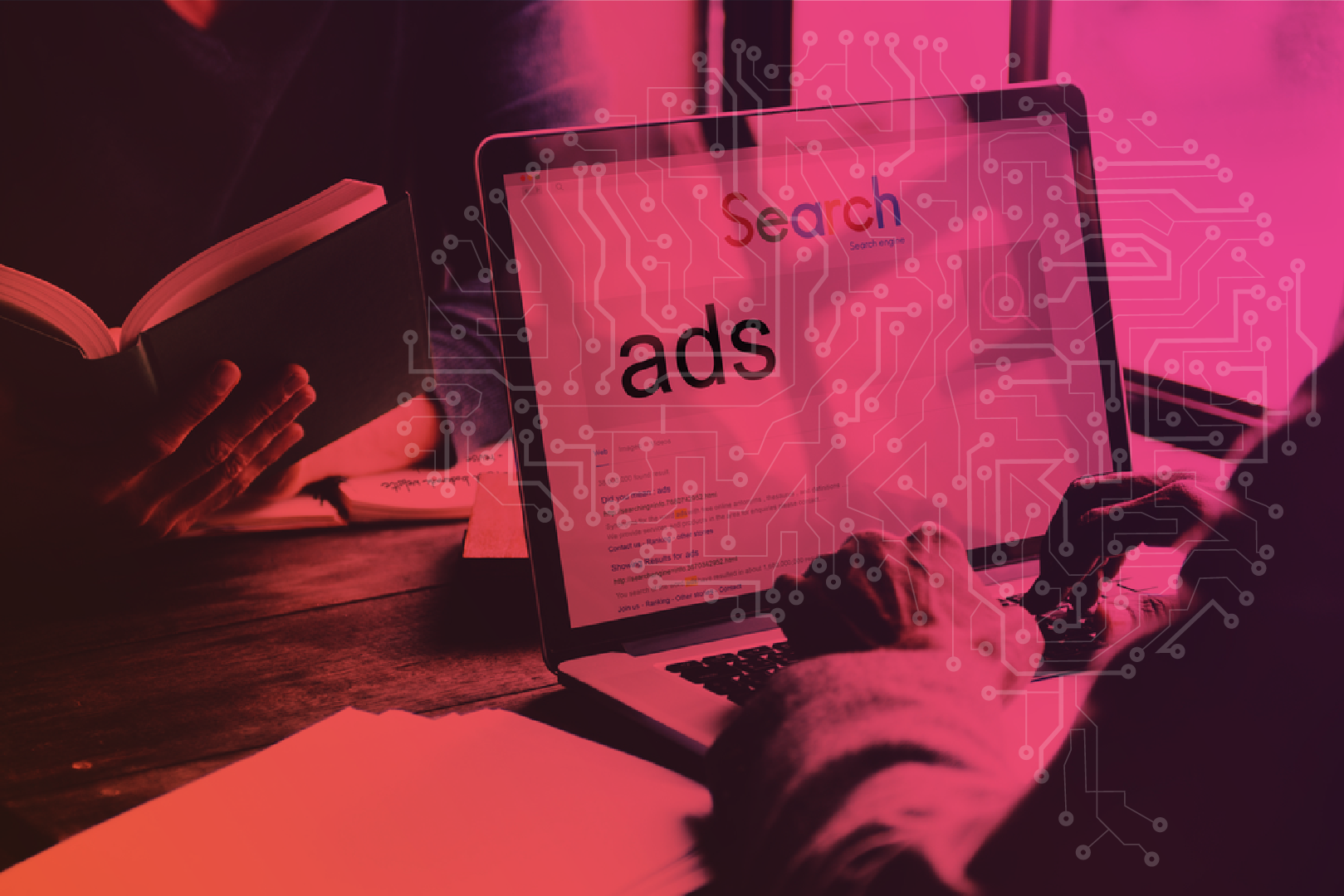Person typing on a laptop with the word "ads" highlighted on the screen, overlaid with digital circuit graphics, representing the fusion of technology and marketing in search ads.