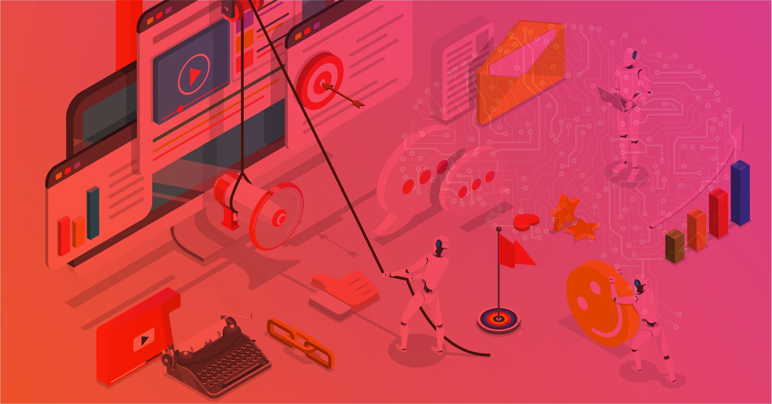 Ilustração com robôs interagindo com telas, gráficos, emojis e ícones de marketing digital, simbolizando o uso de automação e inteligência artificial para otimizar estratégias com HubSpot.