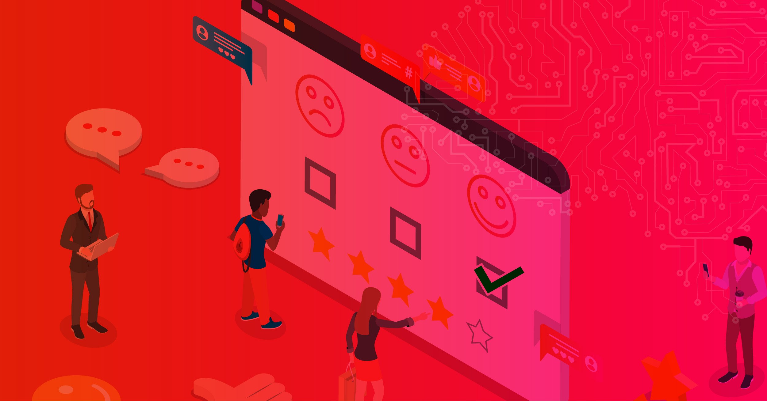Illustration of people interacting with customer experience rating system.