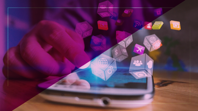 Person interacting with a smartphone, from which social media and application icons emerge, representing the influence of digital media in building brand reputation.