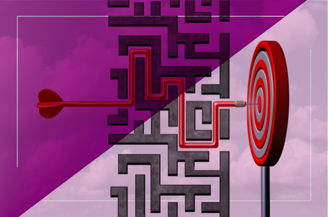 Image of a maze divided in half with an arrow crossing the path until it hits a red target in the background.