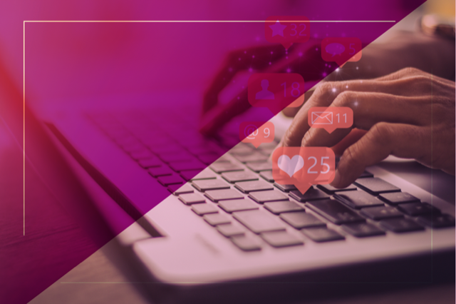 Hands typing on keyboard with floating icons of likes, comments, followers and messages, representing engagement on social media.