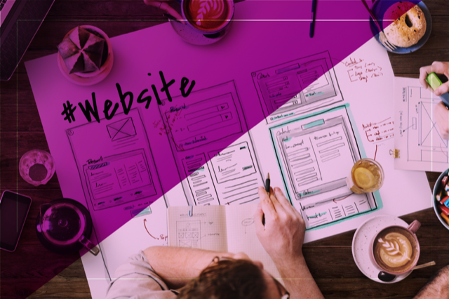 Table with sketches of website pages, notes and cups of coffee, representing the UX and web design planning process.