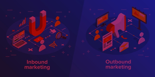 Comparison between inbound marketing (represented by a magnet and digital elements) and outbound marketing (represented by a megaphone, billboard and newspaper).