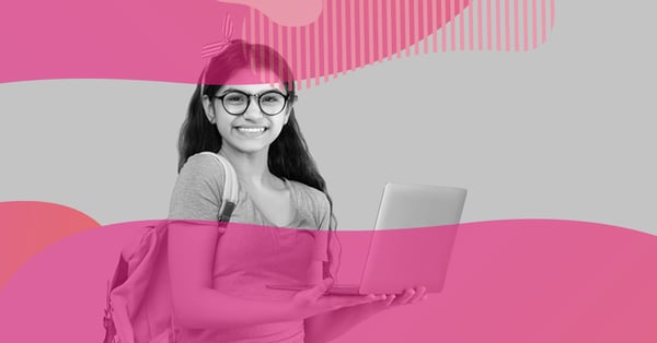 Smiling college student with backpack and laptop in hand, illustrating student retention in distance education.