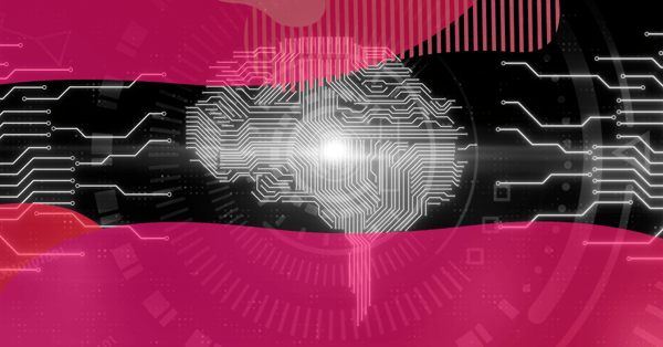 Illustration of a digital brain made of electronic circuits on a pink and black tech background, representing the use of artificial intelligence in student retention and educational marketing.